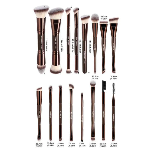Set de 16 pinceaux de maquillage double pointe marron
